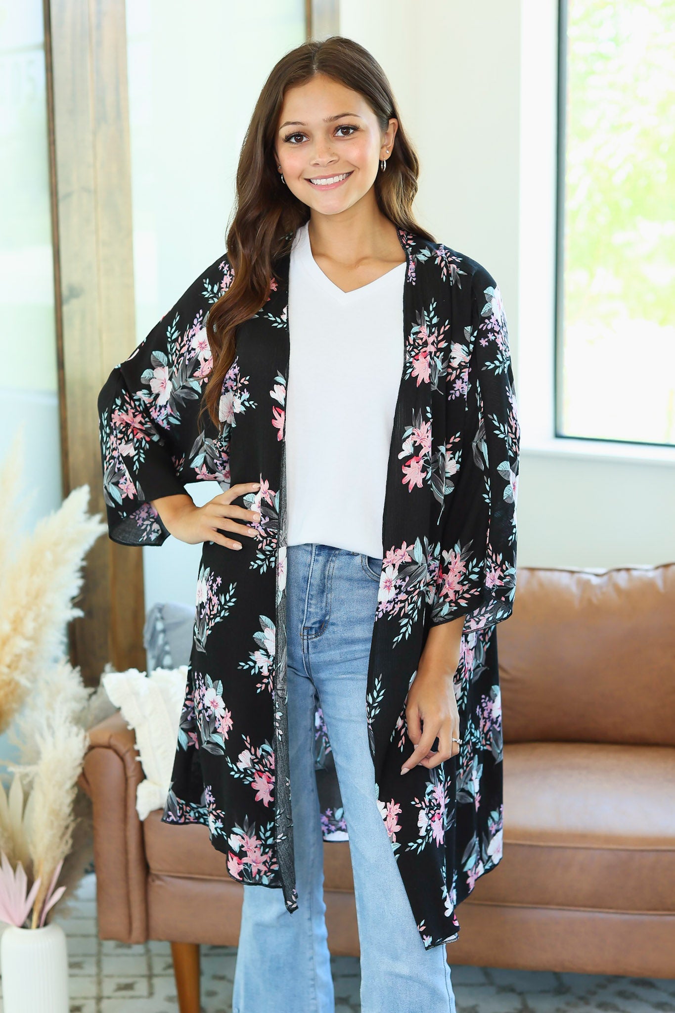 IN STOCK Black and Pink Floral Kimono